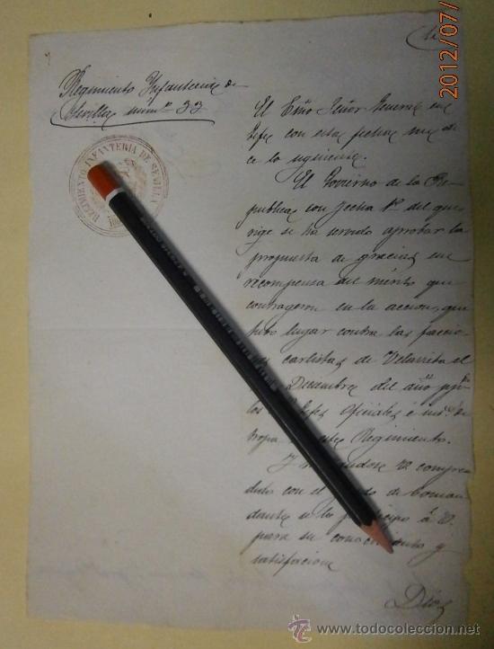 Militaria: Documento tama&ntilde;o cuartilla del regimiento de infater&iacute;a de Sevilla, n&ordm;55 &iquest;1874?