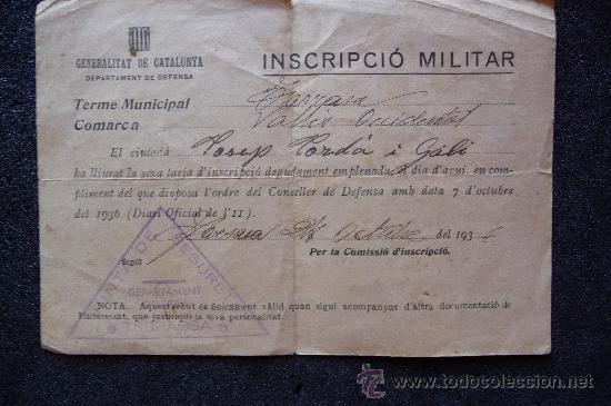 Militaria: (JX-280)INSCRIPCION MILITAR GENERALITAT DE CATALUNYA DEPARTAMENT DE DEFENSA TARRASA-GUERRA CIVIL
