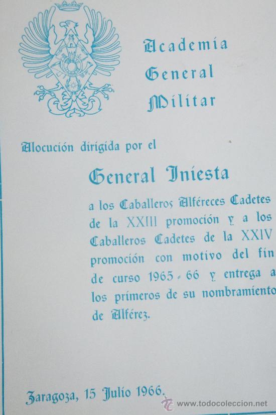 Militaria: Academia Militar Zaragoza discusos General Iniesta a Cadetes fin curso y entrega sable 1966