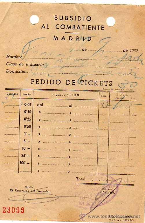 Militaria: Subsidio al combatiente. Madrid. Matasello comision local del Subsidio Madrid.