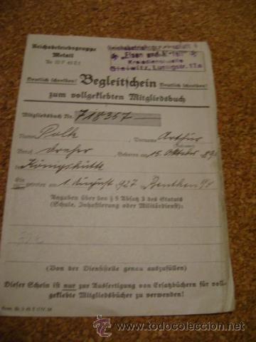 Militaria: Documentaci&oacute;n original Alemania  15x11 cm Reichsbetriebsgemeinschaft