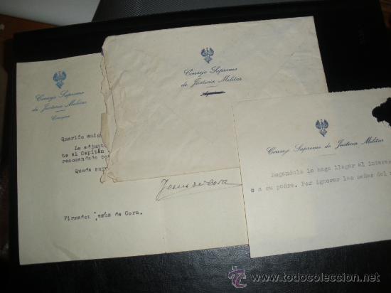 Militaria: CONSEJO SUPREMO DE JUSTICIA MILITAR, CARTA, SOBRE Y NOTA, JESUS DE CORA.