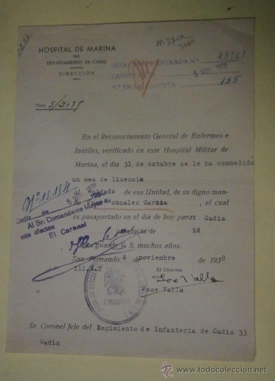 Militaria: Documento tama&ntilde;o cuartilla, hospital de marina, departamento de C&aacute;diz 1983