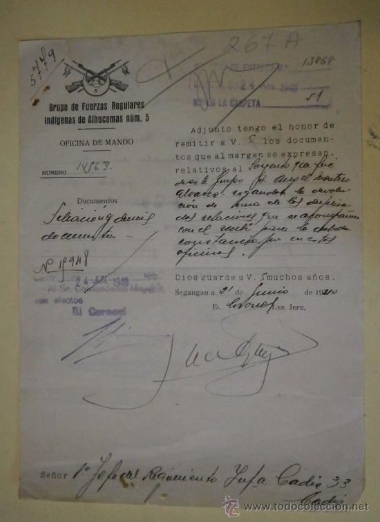 Militaria: Documento tama&ntilde;o cuartilla, Grupo de Fuerzas regulares Ind&iacute;genas de Alhucemas n&ordm;5, 1940