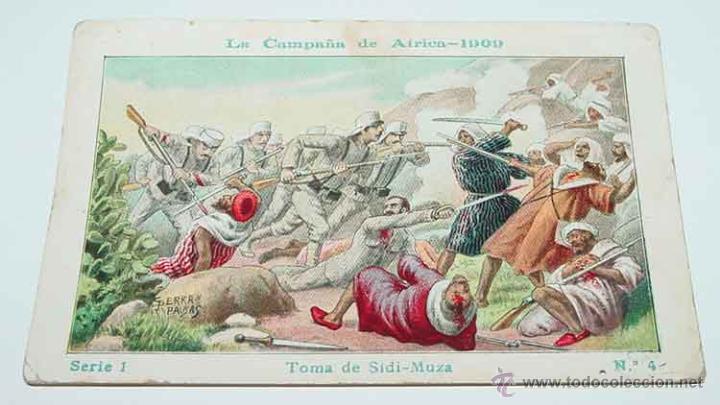 Militaria: ANTIGUO CROMO LA CAMPA&Ntilde;A DE AFRICA 1909 - GUERRA DEL RIF - SERIE 1. N&ordm; 4 - REVERSO CON PUBLICIDAD DE