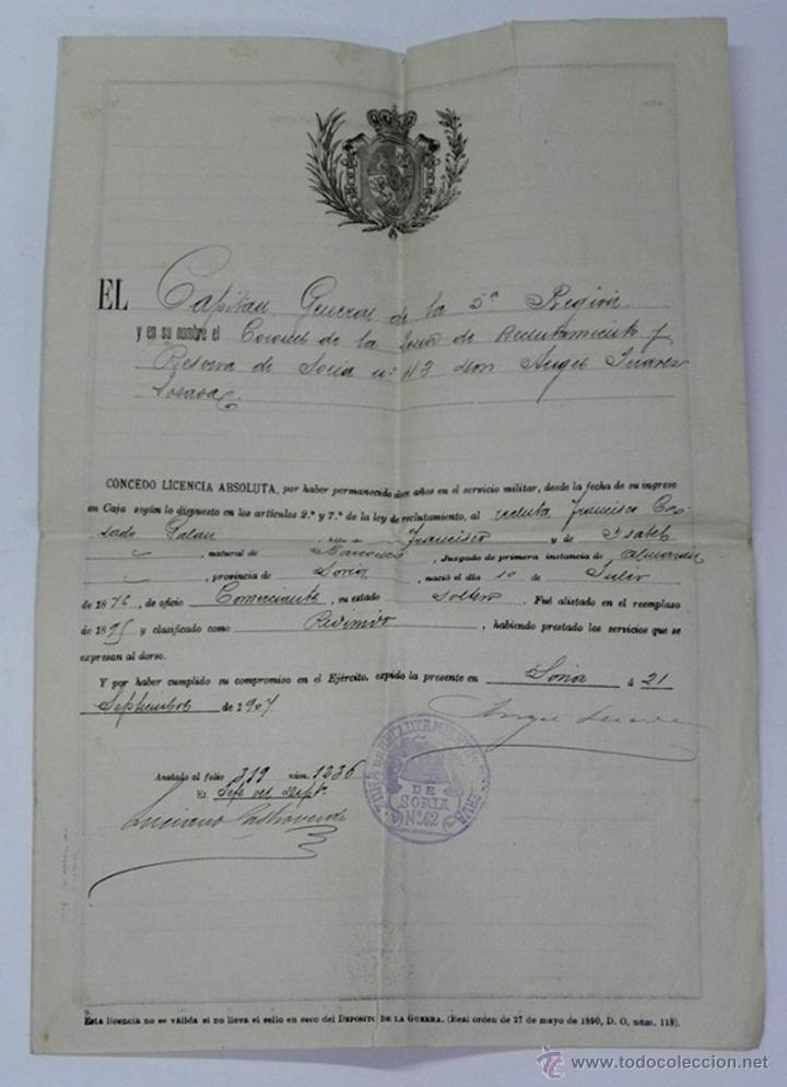 Militaria: DOCUMENTO DE LICENCIA MILITAR ABSOLUTA, A&Ntilde;O 1907 otorgada por el capitan general de la 5&ordf; Region Mil