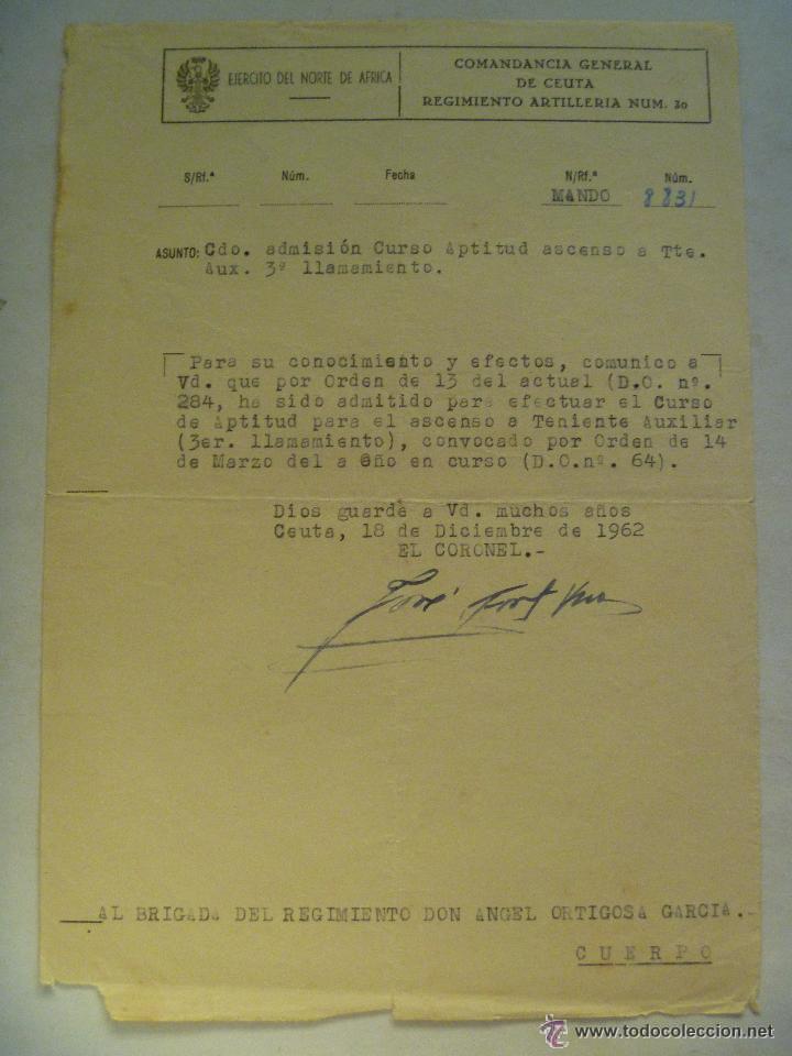 Militaria: COMANDANCIA GENERAL DE CEUTA , RGTO. ARTILLERIA N&ordm; 30 . NOTIFICACION DE ADMISION A CURSO A TENIENTE.