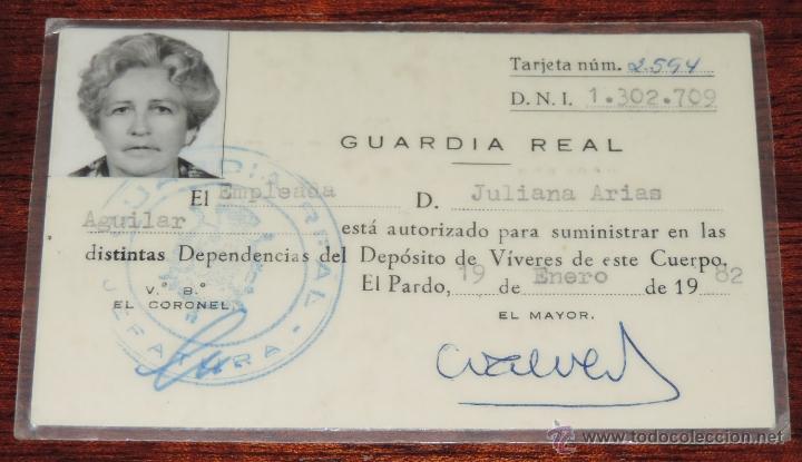 Military Antiques: Antigua tarjeta guardia real, autorizaci&oacute;n para empleada, el Pardo Madrid 1982, tarjeta plastificad