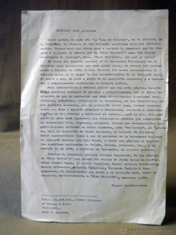 Militaria: DOCUMENTO, DOCUMENTO MILITAR, LEALTAD, 1986, DIVISION AZUL