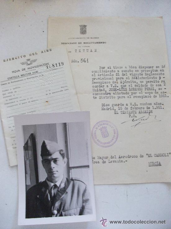 Militaria: LOTE AVIACION : HOJA DE MOVILIZACION , NOTIFICACION RECLUTAMIENTO ( 1951) Y FOTO DE SOLDADO ..