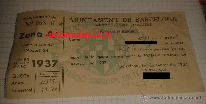 Militaria: Recibo ajuntament de Barcelona, arbitri sobre lloguers, 1937