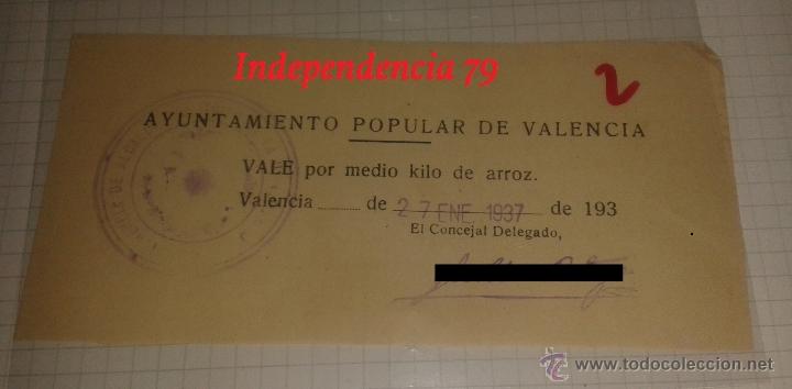 Militaria: Vale del ayuntamiento popular de Valencia, por medio kilo de arroz, rep&uacute;blica 1937