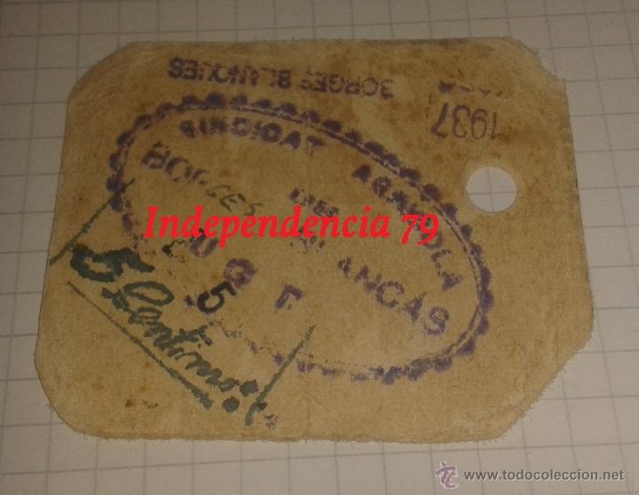 Militaria: Vale por 5 c&eacute;ntimos del sindicato de Borges, UGT, 1937, rep&uacute;blica