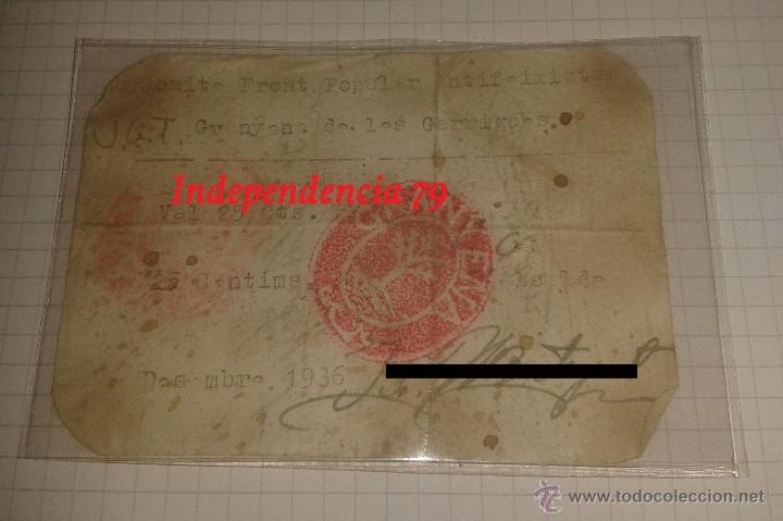 Militaria: Billete de 25 c&eacute;ntimos, comit&eacute; front popular antifeixista