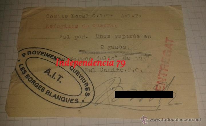 Militaria: Vale del comit&eacute; local CNT-AIT, refugiats de guerra. Val per 2gassses i unes espardenyes