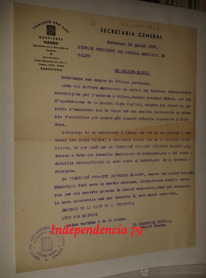 Militaria: Documento tama&ntilde;o folio con membrete, comissio pro-ayud queviures, Madrid, 1937, rep&uacute;blica