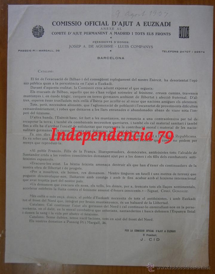 Militaria: Documento tama&ntilde;o folio, comissi&oacute; d'ajut oficial a Euzkadi, 1937, rep&uacute;blica