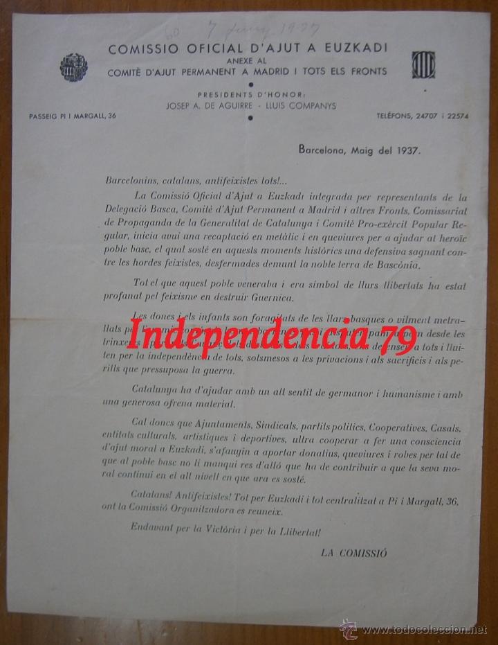 Militaria: Documento tama&ntilde;o folio, comissi&oacute; d'ajut oficial a Euzkadi, Mayo 1937, rep&uacute;blica