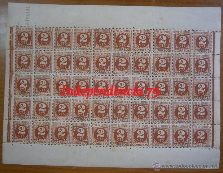 Military Antiques: Hoja de 50 sellos de 2cts, rep&uacute;blica espa&ntilde;ola