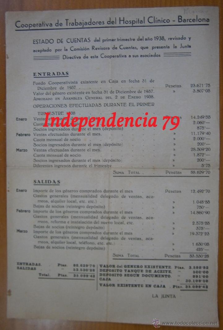 Militaria: Estado de cuentas de la coperativa de trabajadores del hospital cl&iacute;nico, 1938, rep&uacute;blica