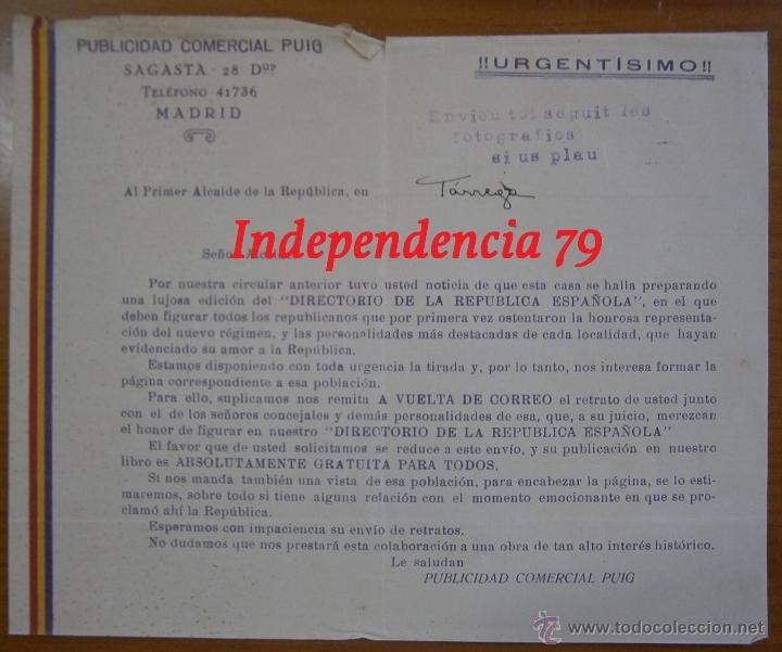 Militaria: Carta de publicidad comercial Puig, o T&aacute;rrega, rep&uacute;blica