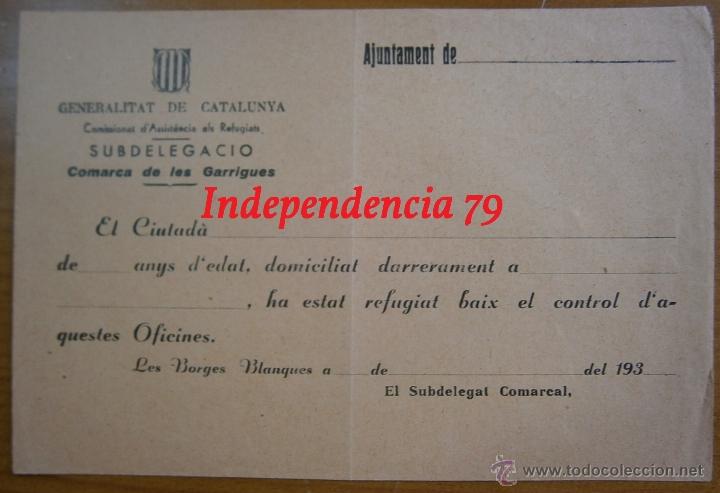Militaria: Recibo comissionat d'assist&egrave;ncia als refugiats, cormarca de les Garrigues, en blanco. Rep&uacute;blica