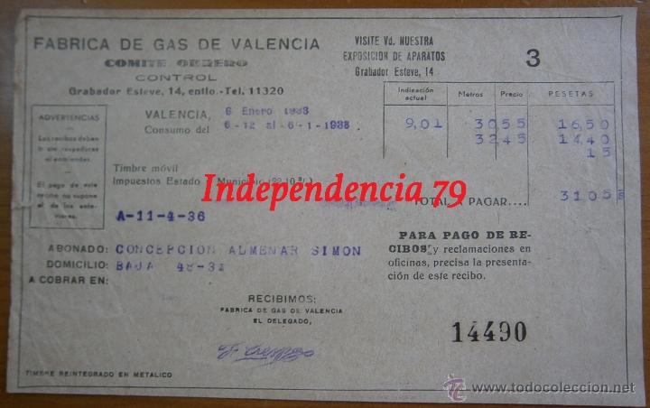 Militaria: Recibo de la fabrica de gas de Valencia, comit&eacute; obrero control, 1938, rep&uacute;blica