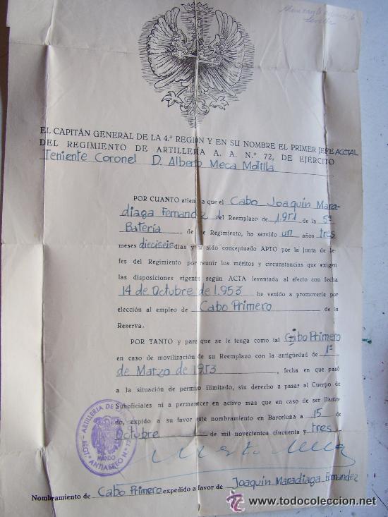 Militaria: ASCENSO A CABO 1&ordm;. RGTO. ARTILLERIA ANTIAEREA N&ordm; 72 . SEVILLA  1953.