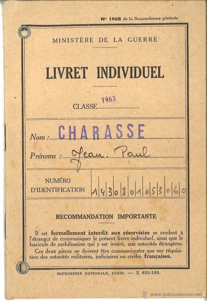 Militaria: Cartilla militar de soldado franc&eacute;s. Promoci&oacute;n de 1963
