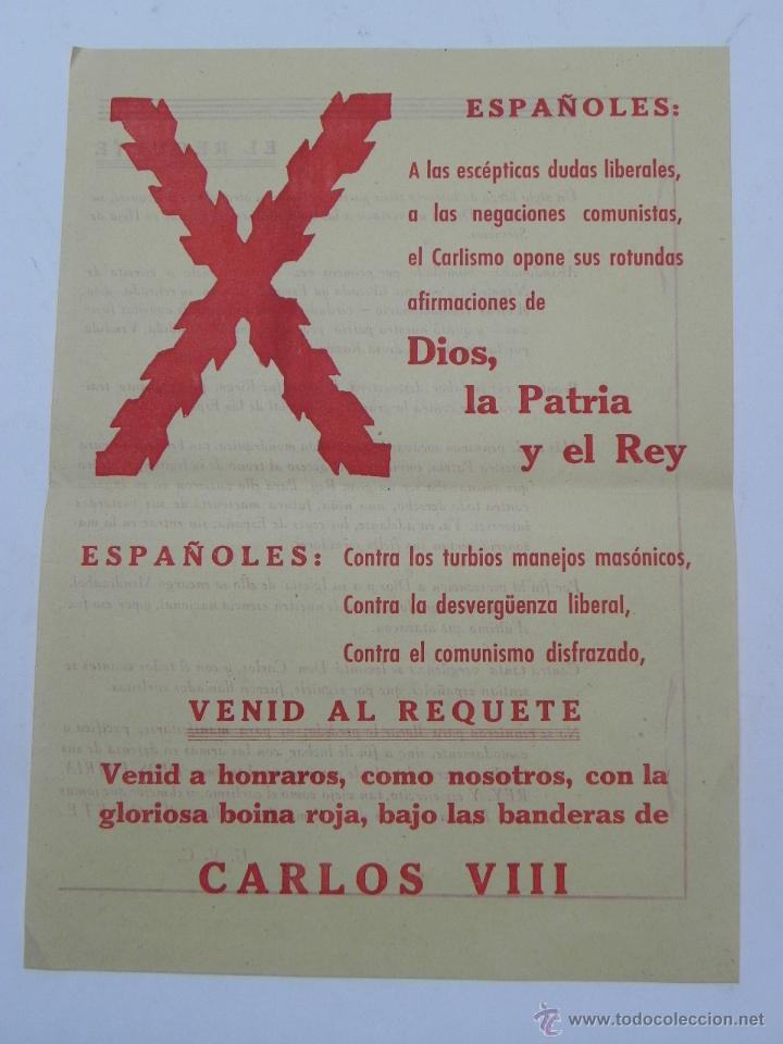 Militaria: ANTIGUA HOJA VOLANDERA CARLISTA, O PANFLETO, CARLOS VIII, CARLISMO, REQUETE. MIDE 21 X 15,5 CMS.