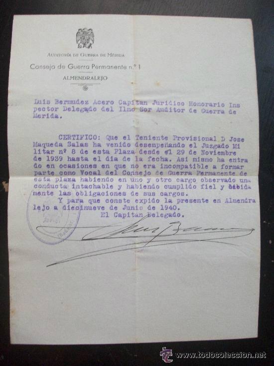 Militaria: GUERRA CIVIL: CERTIFICADO TENIENTE PROVISIONAL SERVICIO CONSEJO PERMANENTE DE GUERRA. ALMENDRALEJO.