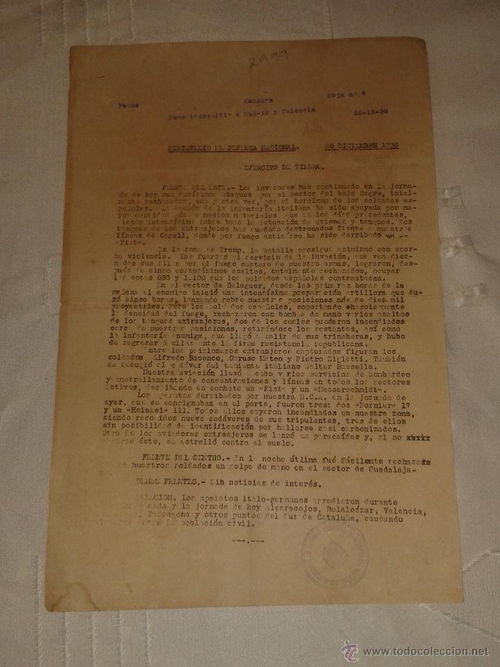 Militaria: Febus, censura para transmitir a Madrid y Valencia, hoja n&ordm;6, 28 de diciembre de 1938