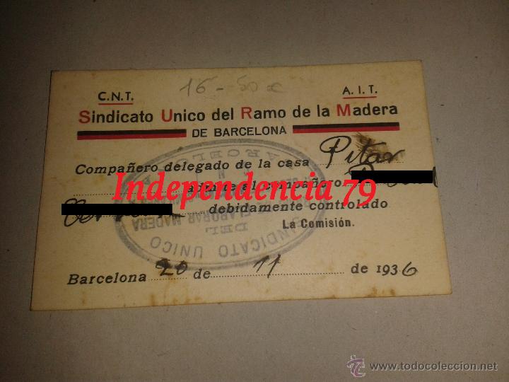 Militaria: Ficha de afiliaci&oacute;n, sindicato &uacute;nico del ramo de la madera, CNT-AIT, con estampillado, rep&uacute;blica