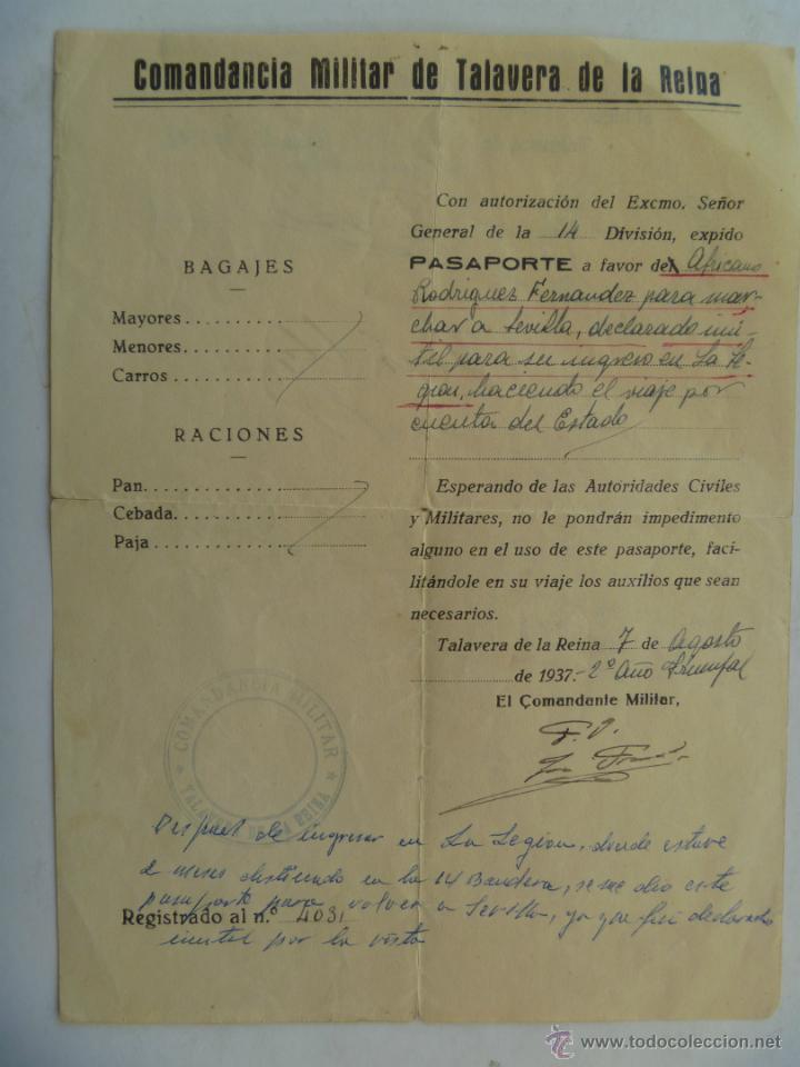 Militaria: PASAPORTE DE TALAVERA DE LA REINA A SEVILLA PARA INGRESO EN LA LEGION. 1939. 14 DIVISION