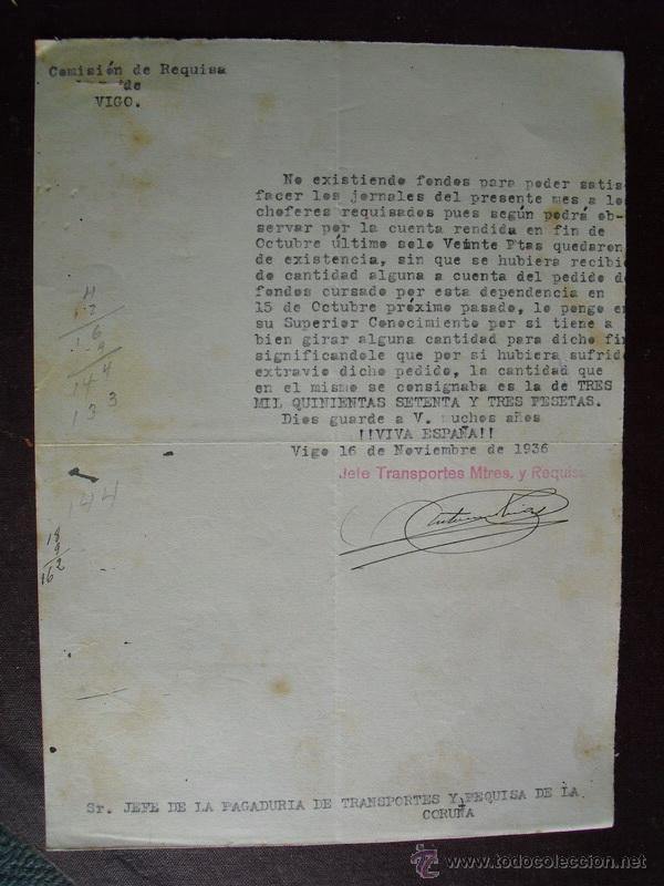 Military Antiques: NOVIEMBRE DE 1936  IMPOSIBILIDAD PARA PAGO DE JORNALES POR HABER SOLO 20 PTS. EN CAJA