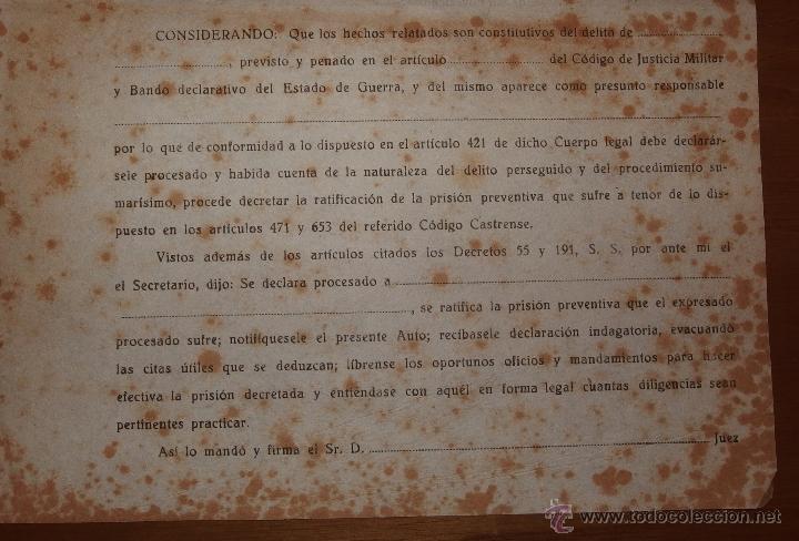 Militaria: HOJA DE AUTO DE PROCESAMIENTO MILITAR,GUERRA CIVIL,ESTADO DE GUERRA,RESERVADA