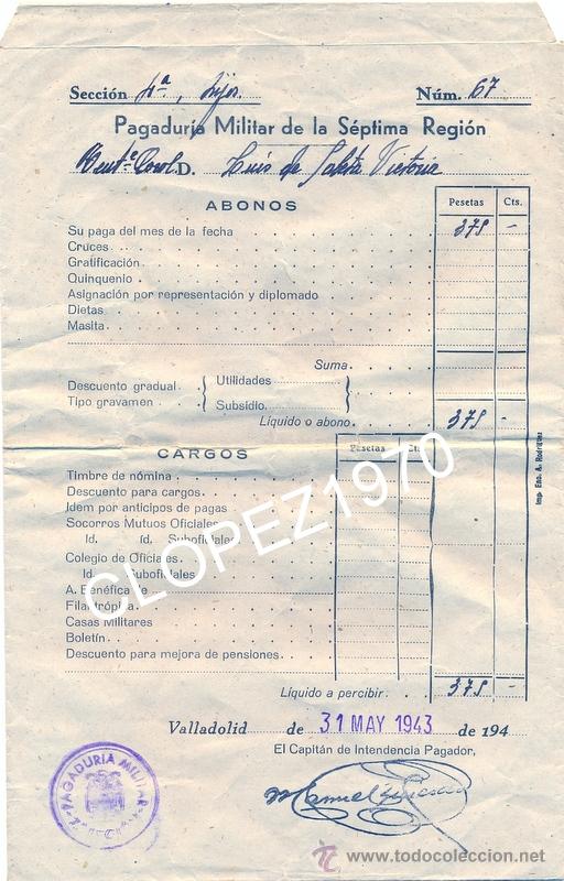 VALLADOLID,1943, PAGADURIA TENIENTE CORONEL DE CABALLERIA (Militar - Propaganda y Documentos)