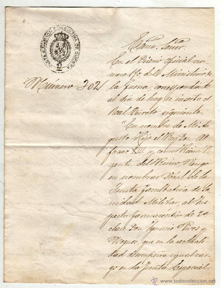 Militaria: CARTA JUNTA CONSULTIVA DE GUERRA MADRID 1889 SANIDAD MILITAR