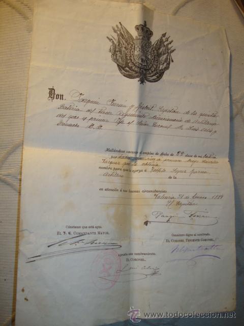 Militaria: ANTIGUO DOCUMENTO ORIGINAL MILITAR S.XIX VALENCIA 1889 CAPITAN 5&ordf; BATERIA REGIMIENTO DIVISIONARIO