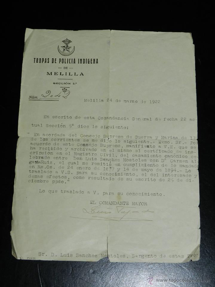 Militaria: ESCRITO DE LAS TROPAS DE POLICIA INDIGENA DE MELILLA, A&Ntilde;O 1922, CERTIFICADO DE CASAMIENTO, MIDE 21,5