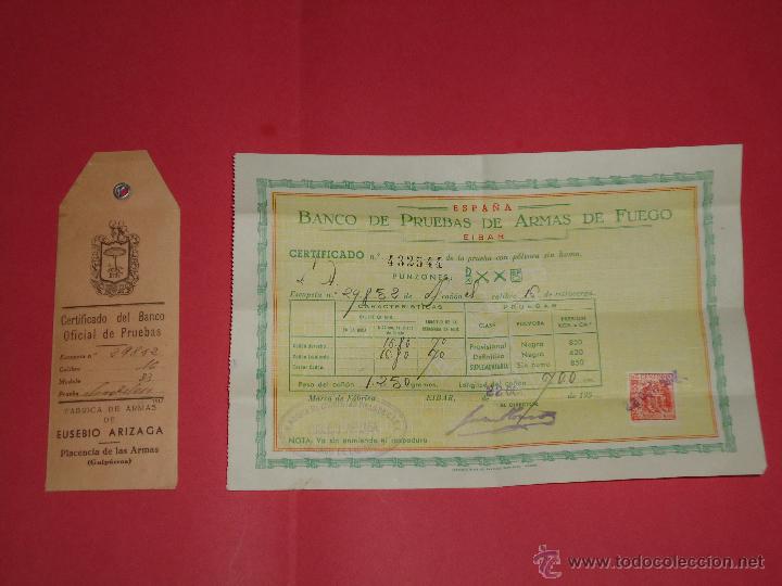 Militaria: CERTIFICADO DEL BANCO OFICIAL DE PRUEBAS DE EIBAR. - Foto 1