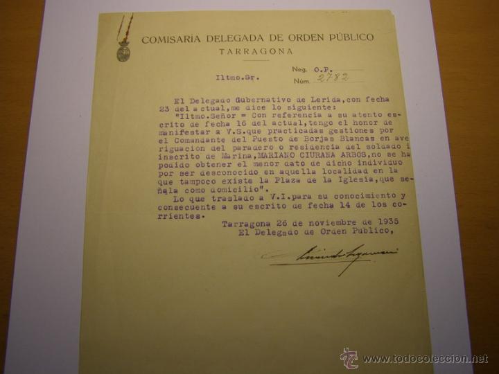 Militaria: Documento comisaria orden p&uacute;blico, Tarragona, a&ntilde;o 1935.