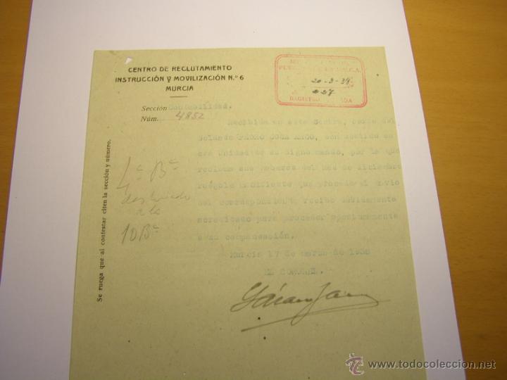 Militaria: Documento Centro de Reclutamiento n&ordm; 6, Murcia, a la D.E.C.A. de Gerona, a&ntilde;o 1938, Guerra Civil..