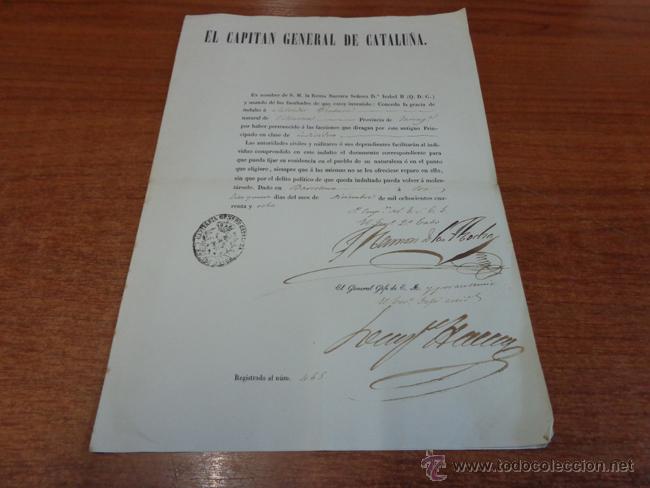 Military Antiques: CAPITANIA GENERAL DE CATALU&Ntilde;A. CONCESI&Oacute;N DE INDULTO DE ISABEL II. TARRAGONA - VILASECA. 1848.