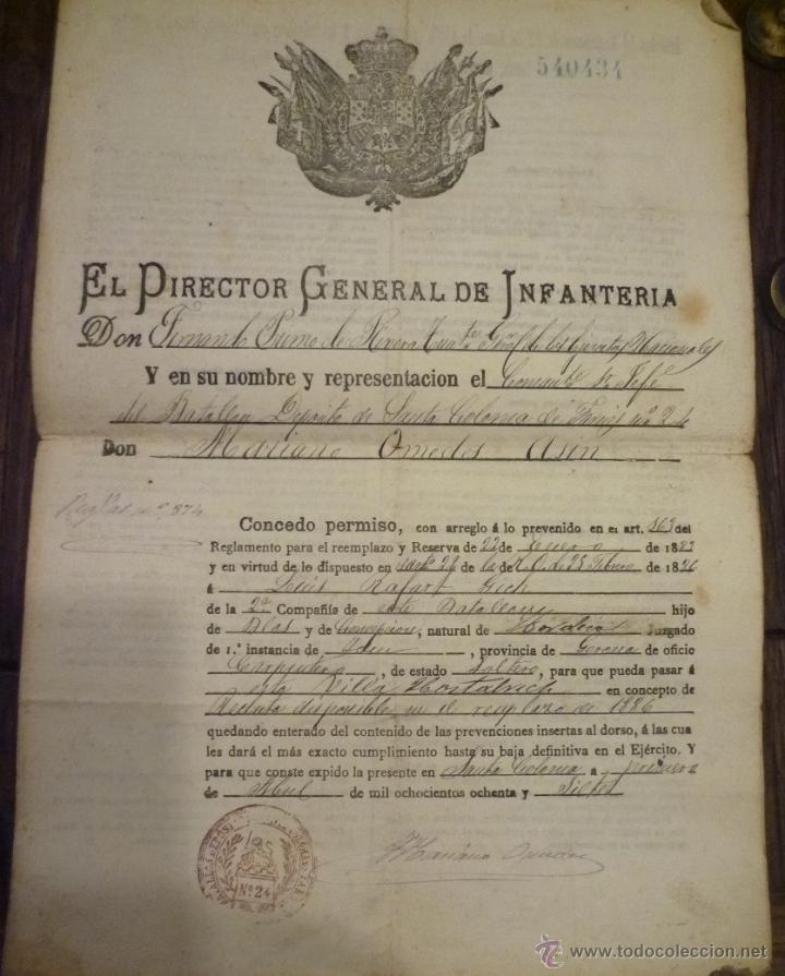 Militaria: DOCUMENTO MILITAR. PERMISO FECHADO EN 1887. - Foto 1