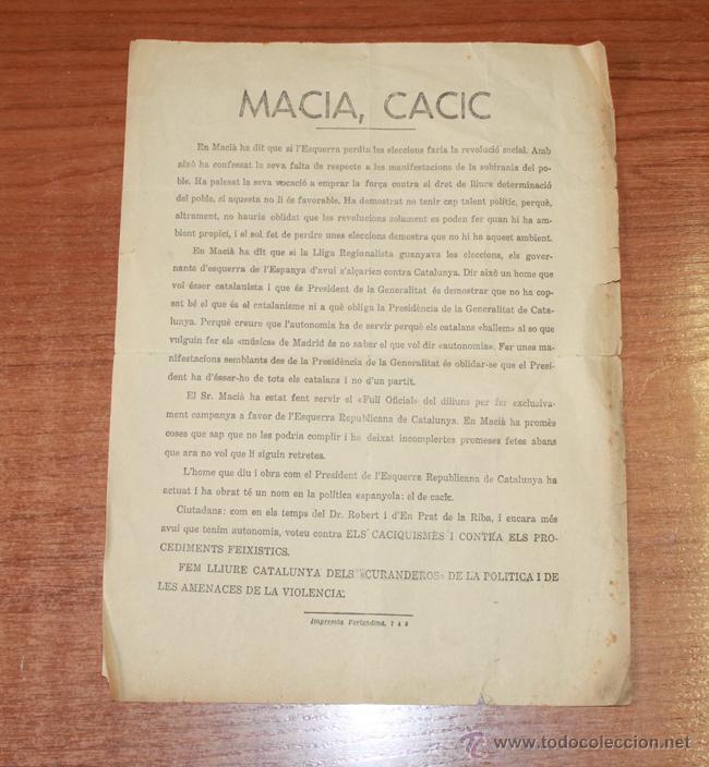 Military Antiques: PANFLET POL&Iacute;TIC- PANFLETO POL&Iacute;TICO: MACIA, CACIC. IMP FERLANDINA.