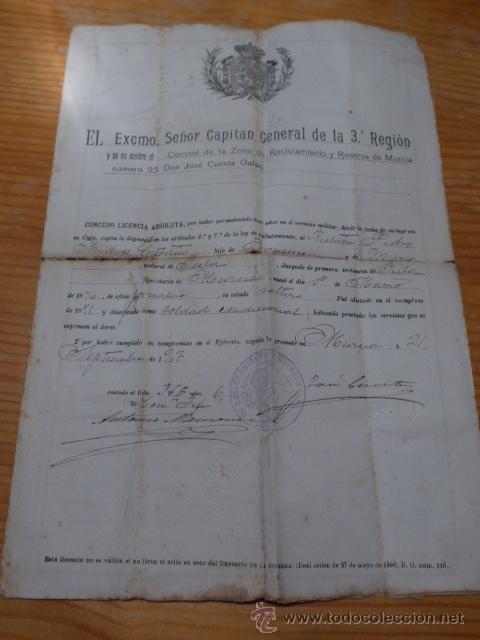 Militaria: Documento militar de Murcia, de 1907 - Foto 1