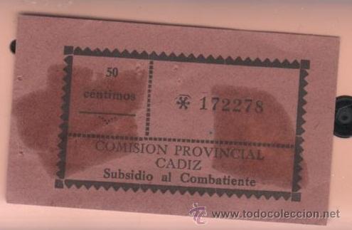 Militaria: SUBSIDIO AL COMBATIENTE. COMISION PROVINCIAL CADIZ. 50 CENTIMOS - Foto 1