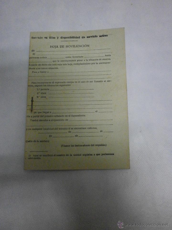 Militaria: HOJA DE MOVILIZACION SERVICIO EN FILAS DISPONIBILIDAD DE SERVICIO SIN NINGUN ESCRITO