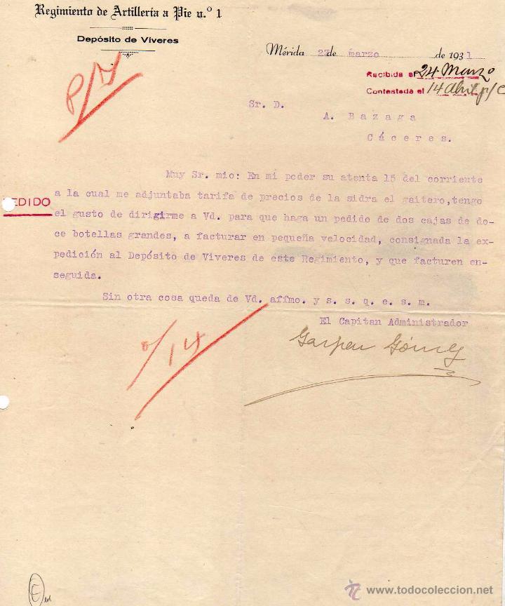 Military Antiques: Regimiento de Artiller&iacute;a a pie n&ordm;1 Dep&oacute;sito de v&iacute;veres. M&eacute;rdia. Firma capitan administrador.